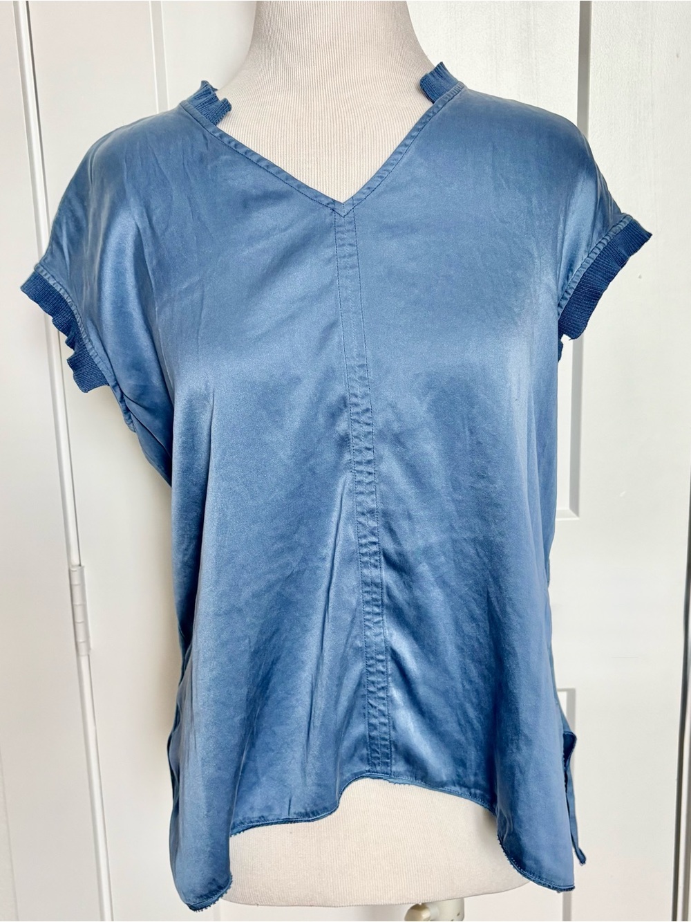 Go Silk Blue V-Neck Short Sleeve Women's Top